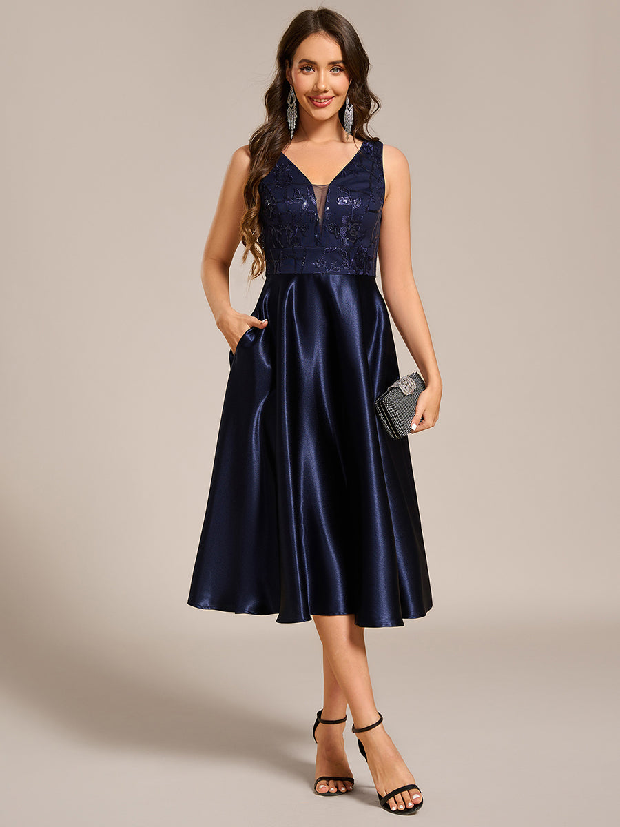 Deep V Neck Sequins Satin Sleeveless Midi Length Wedding Guest Dress #color_Navy Blue