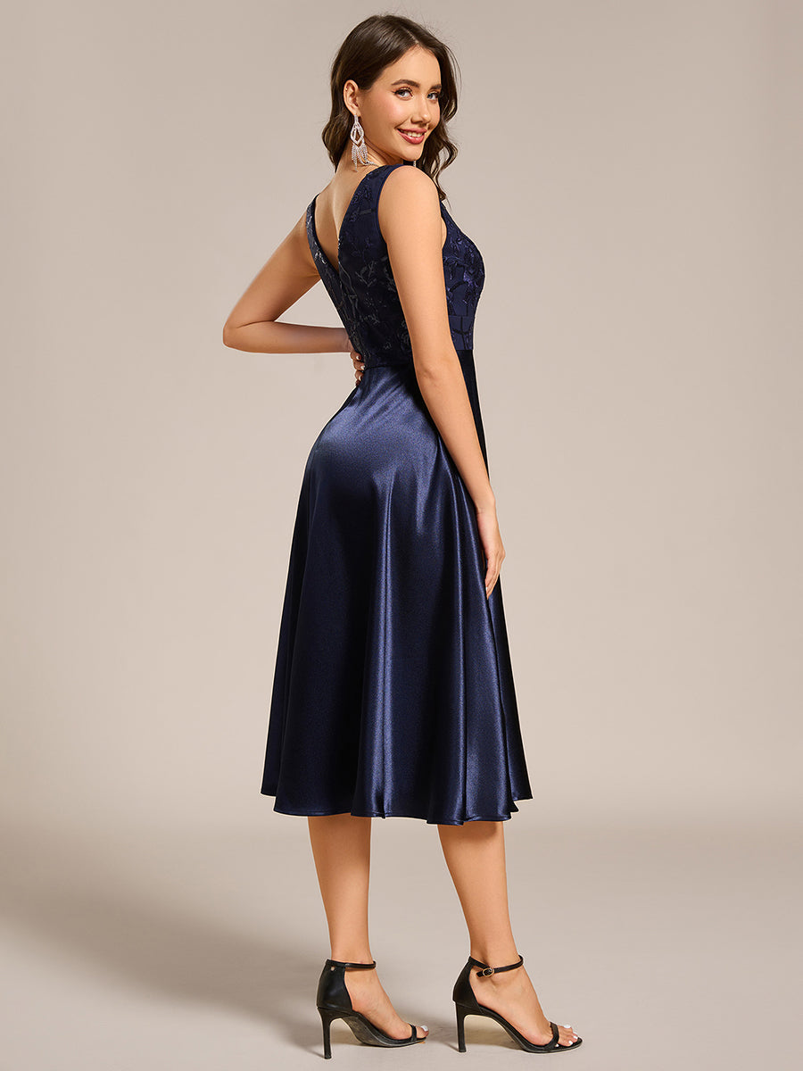 Deep V Neck Sequins Satin Sleeveless Midi Length Wedding Guest Dress #color_Navy Blue