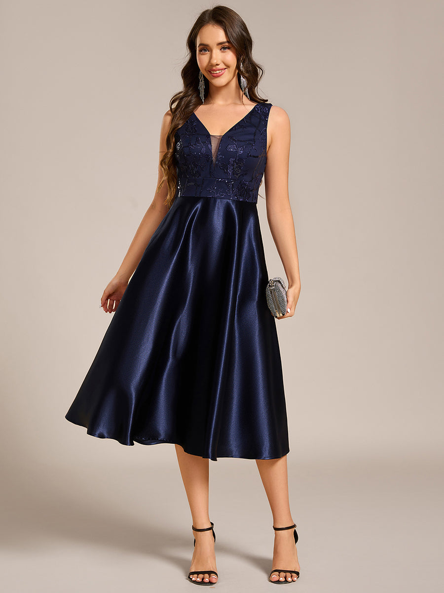 Deep V Neck Sequins Satin Sleeveless Midi Length Wedding Guest Dress #color_Navy Blue