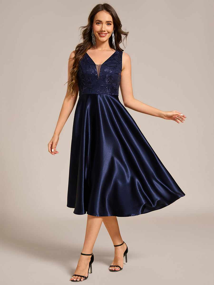 Deep V Neck Sequins Satin Sleeveless Midi Length Wedding Guest Dress #color_Navy Blue