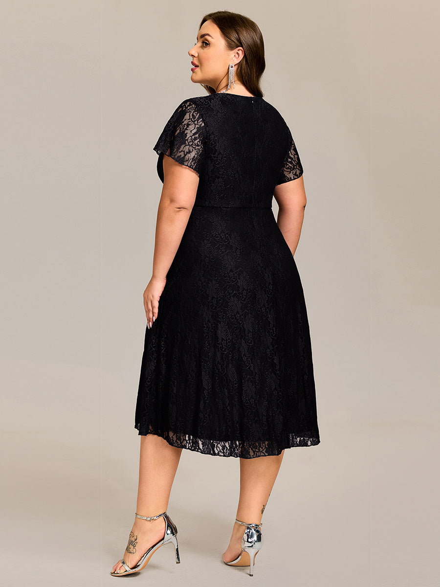 V-Neck Lace Lotus Leaf Ruffles Sleeve Midi Length Wedding Guest Dress #color_Black