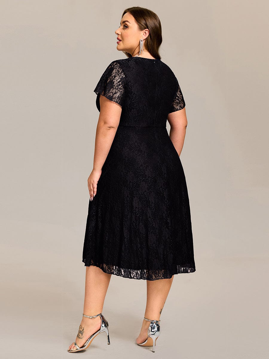 Plus Size Lace Lotus Leaf Ruffles Sleeve Midi Wedding Guest Dress #color_Black