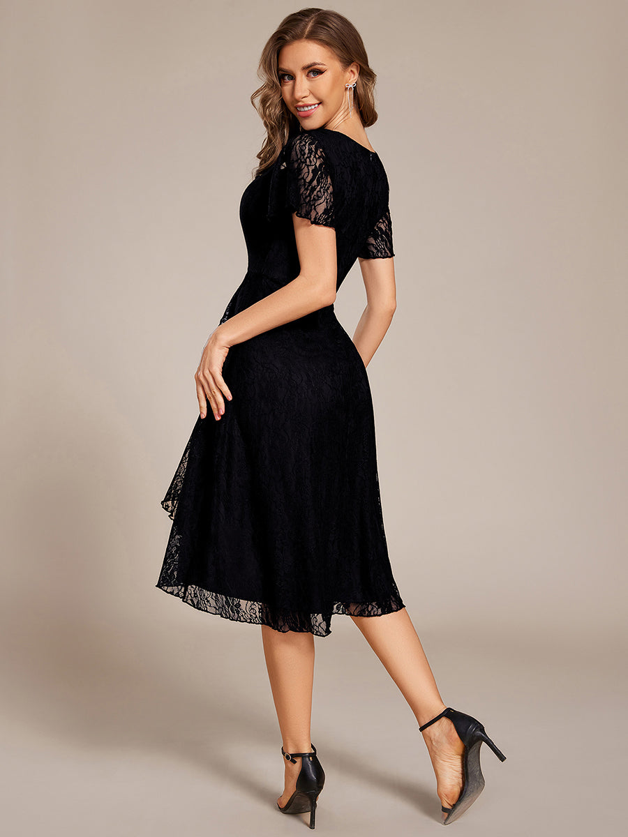 V-Neck Lace Lotus Leaf Ruffles Sleeve Midi Length Wedding Guest Dress #color_Black