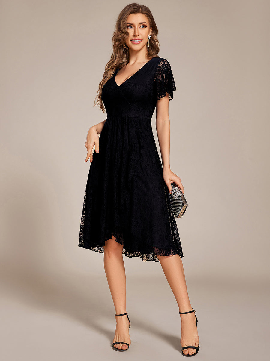 V-Neck Lace Lotus Leaf Ruffles Sleeve Midi Length Wedding Guest Dress #color_Black