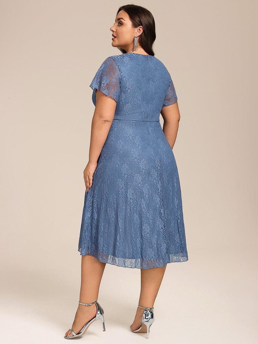 Plus Size Lace Lotus Leaf Ruffles Sleeve Midi Wedding Guest Dress #color_Dusty Blue