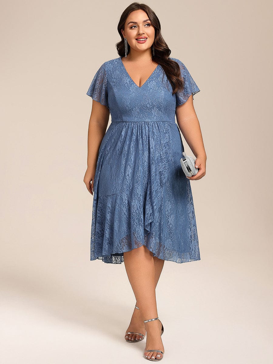 Plus Size Lace Lotus Leaf Ruffles Sleeve Midi Wedding Guest Dress #color_Dusty Blue