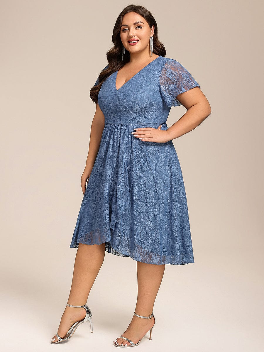 Plus Size Lace Lotus Leaf Ruffles Sleeve Midi Wedding Guest Dress #color_Dusty Blue