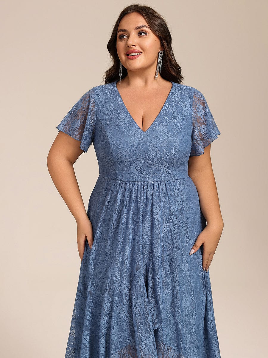 Plus Size Lace Lotus Leaf Ruffles Sleeve Midi Wedding Guest Dress #color_Dusty Blue