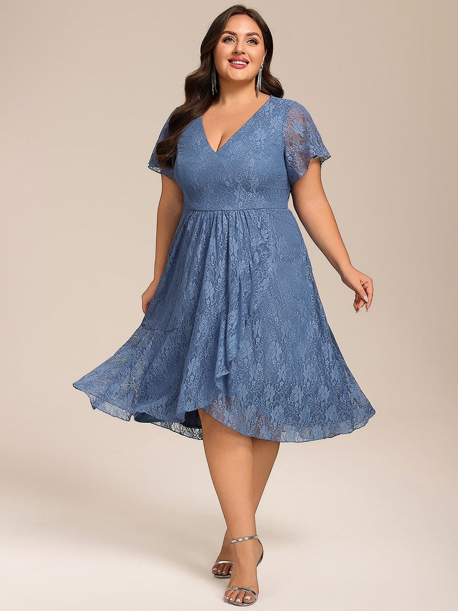 Plus Size Lace Lotus Leaf Ruffles Sleeve Midi Wedding Guest Dress #color_Dusty Blue