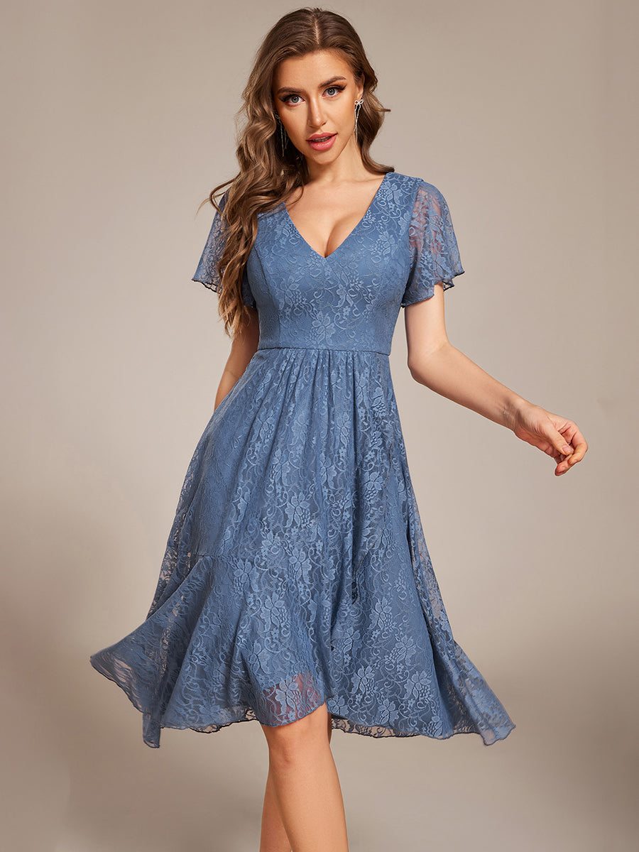 V-Neck Lace Lotus Leaf Ruffles Sleeve Midi Length Wedding Guest Dress #color_Dusty Blue