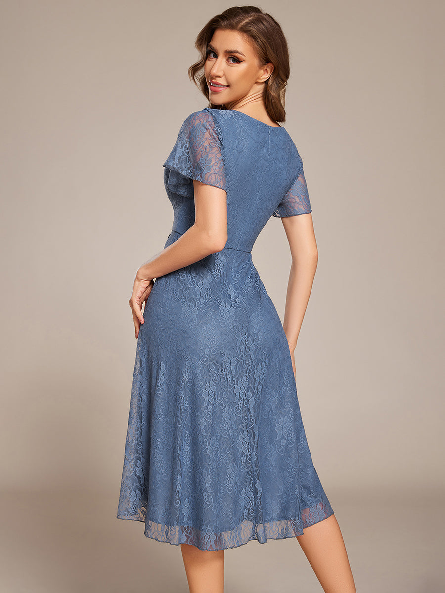 V-Neck Lace Lotus Leaf Ruffles Sleeve Midi Length Wedding Guest Dress #color_Dusty Blue