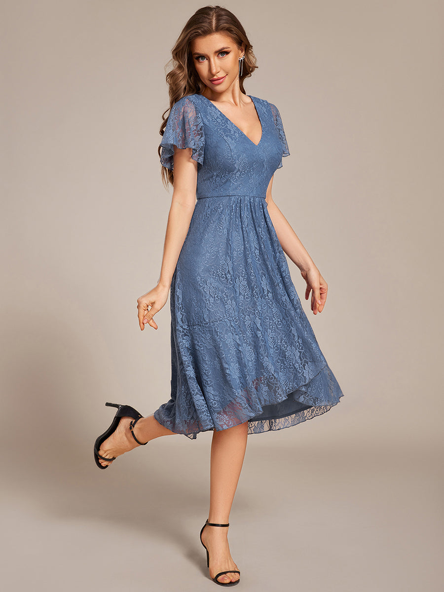 V-Neck Lace Lotus Leaf Ruffles Sleeve Midi Length Wedding Guest Dress #color_Dusty Blue