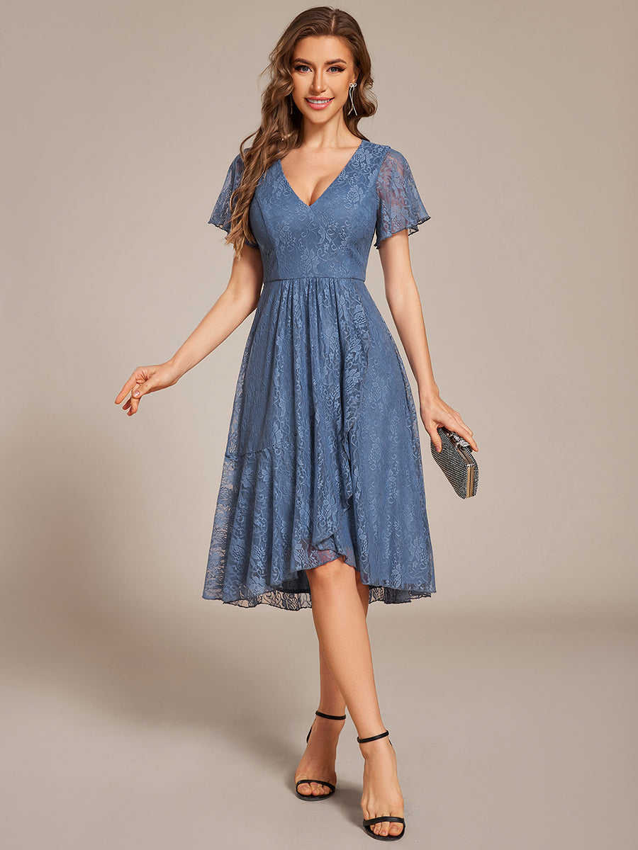 V-Neck Lace Lotus Leaf Ruffles Sleeve Midi Length Wedding Guest Dress #color_Dusty Blue