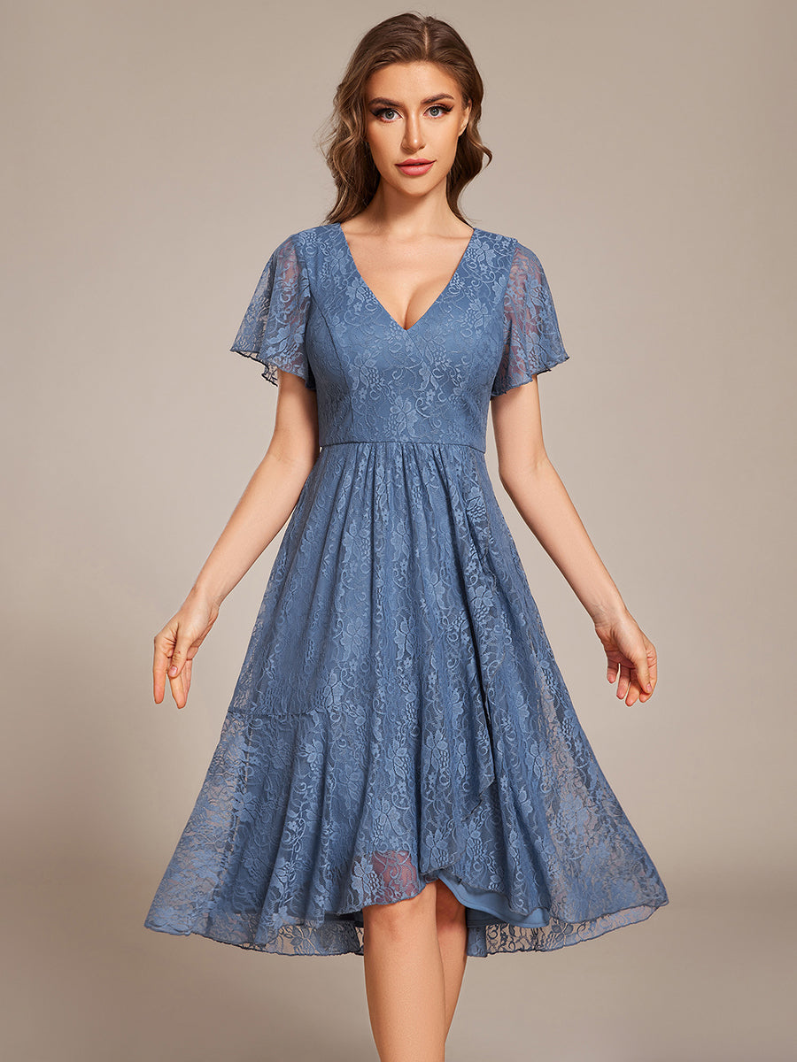 V-Neck Lace Lotus Leaf Ruffles Sleeve Midi Length Wedding Guest Dress #color_Dusty Blue