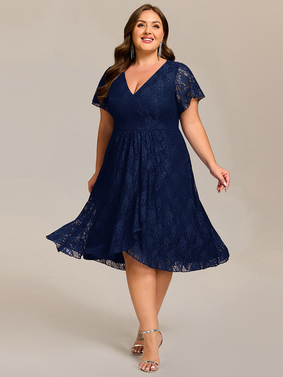 V-Neck Lace Lotus Leaf Ruffles Sleeve Midi Length Wedding Guest Dress #color_Navy Blue