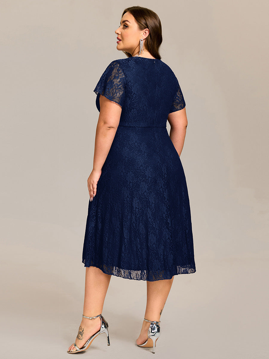 V-Neck Lace Lotus Leaf Ruffles Sleeve Midi Length Wedding Guest Dress #color_Navy Blue