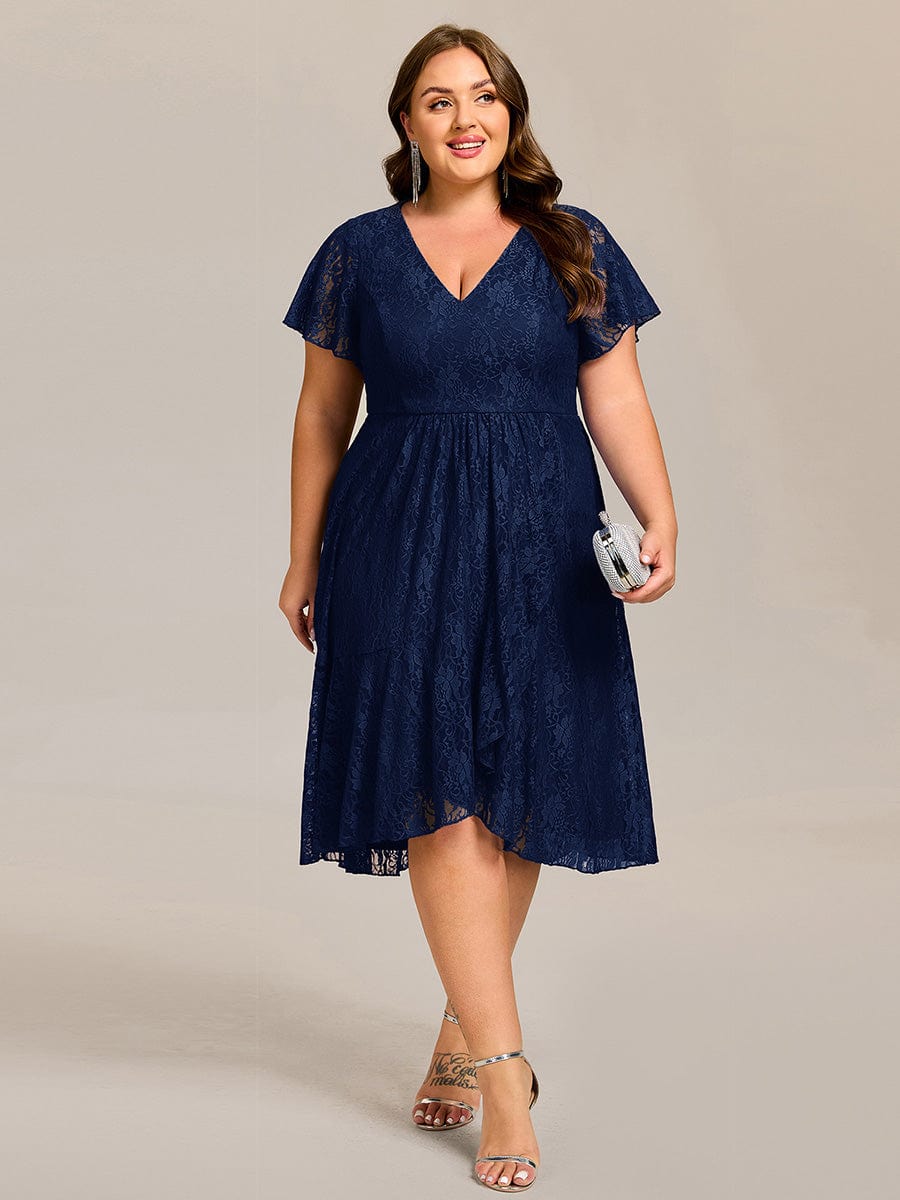 Plus Size Lace Lotus Leaf Ruffles Sleeve Midi Wedding Guest Dress #color_Navy Blue