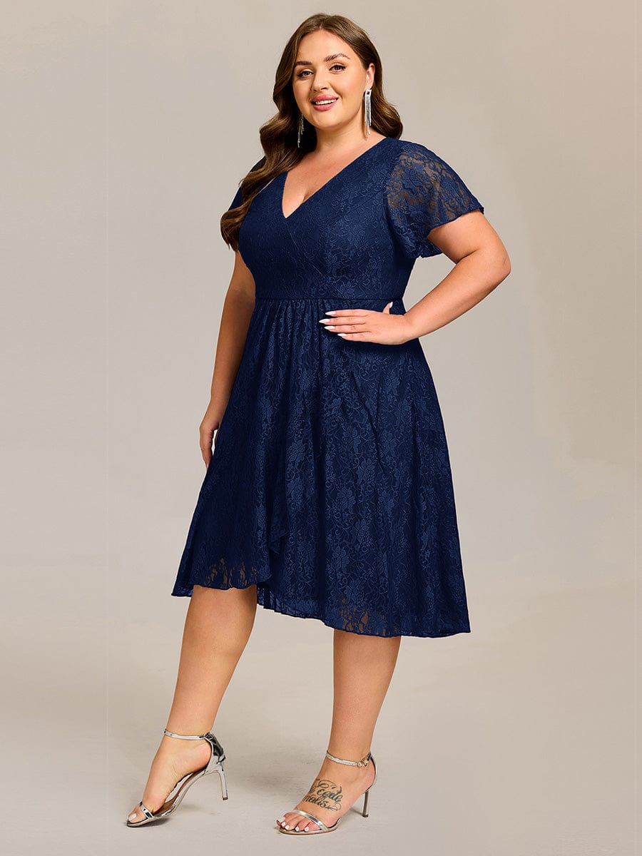 Plus Size Lace Lotus Leaf Ruffles Sleeve Midi Wedding Guest Dress #color_Navy Blue