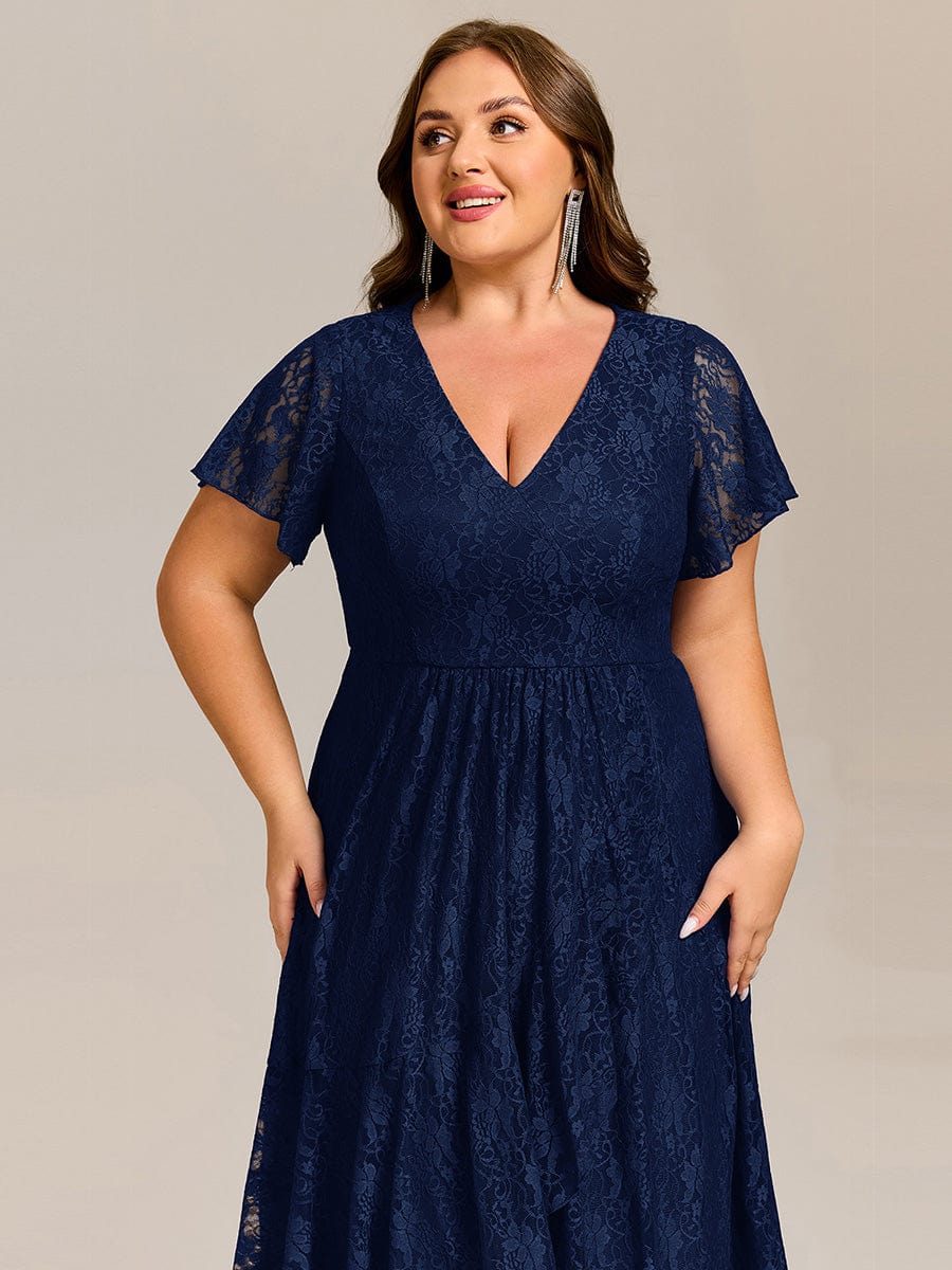 Plus Size Lace Lotus Leaf Ruffles Sleeve Midi Wedding Guest Dress #color_Navy Blue