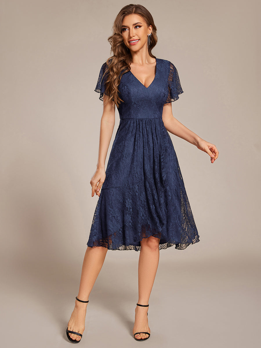 V-Neck Lace Lotus Leaf Ruffles Sleeve Midi Length Wedding Guest Dress #color_Navy Blue