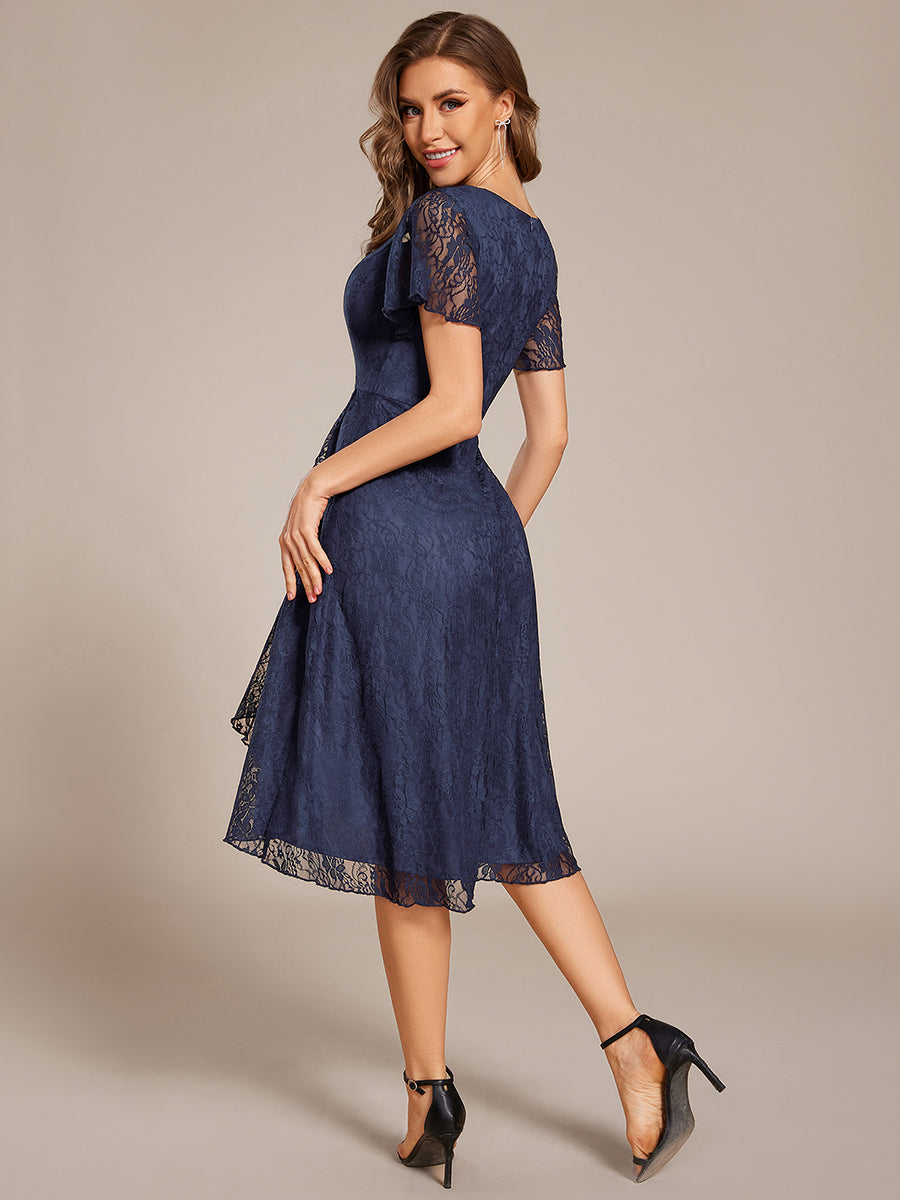 V-Neck Lace Lotus Leaf Ruffles Sleeve Midi Length Wedding Guest Dress #color_Navy Blue