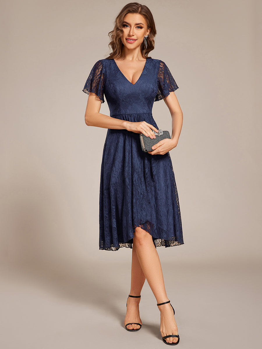 V-Neck Lace Lotus Leaf Ruffles Sleeve Midi Length Wedding Guest Dress #color_Navy Blue