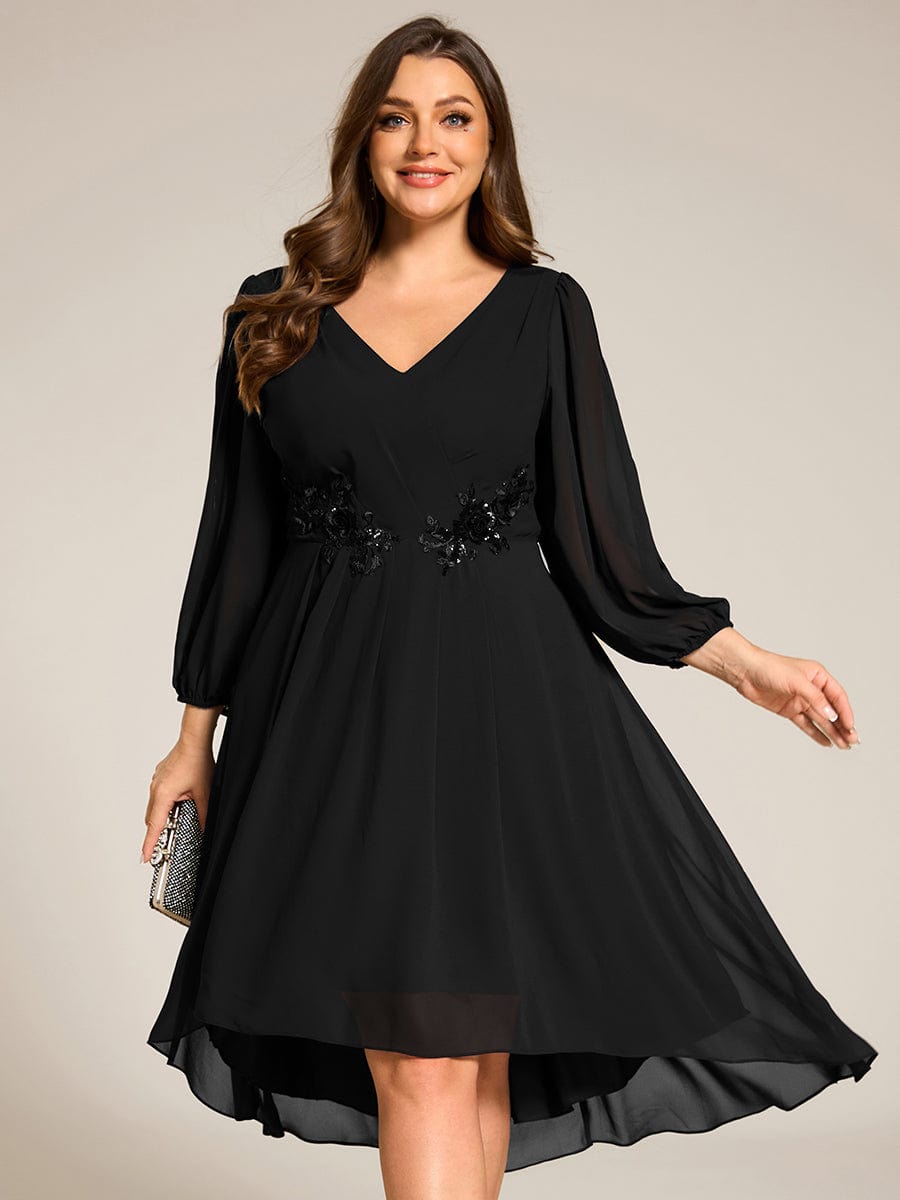 High-Low Chiffon Midi Wedding Guest Dress with Waist Applique and Long Sleeves #color_Black