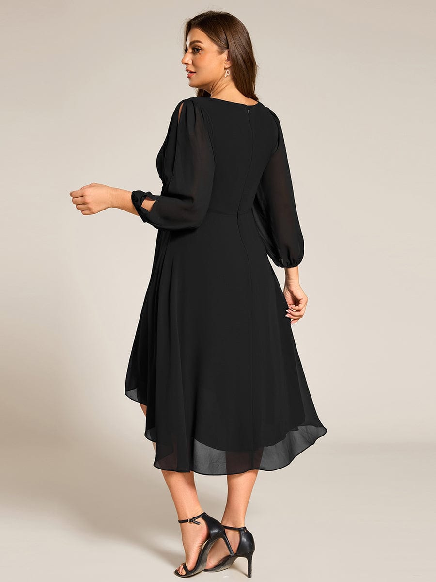 High-Low Chiffon Midi Wedding Guest Dress with Waist Applique and Long Sleeves #color_Black