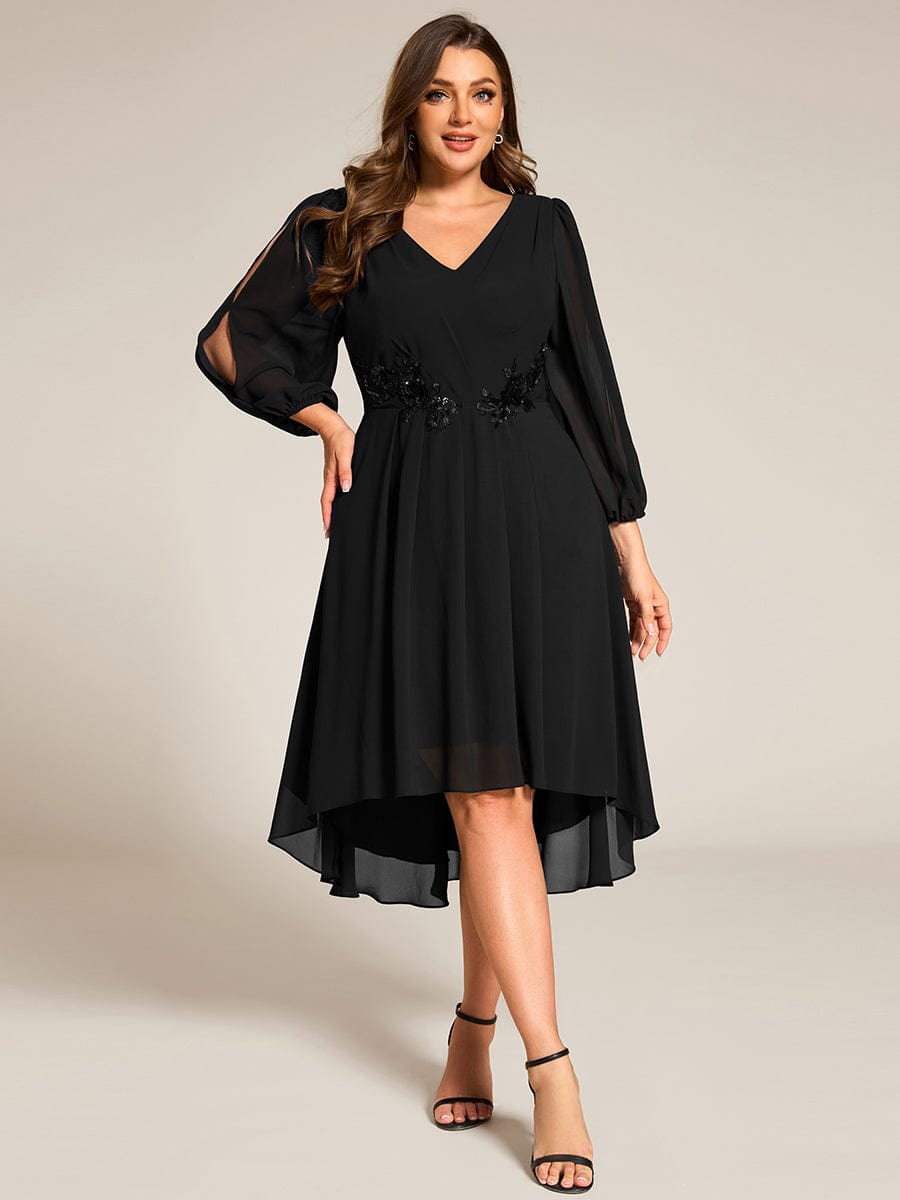 High-Low Chiffon Midi Wedding Guest Dress with Waist Applique and Long Sleeves #color_Black