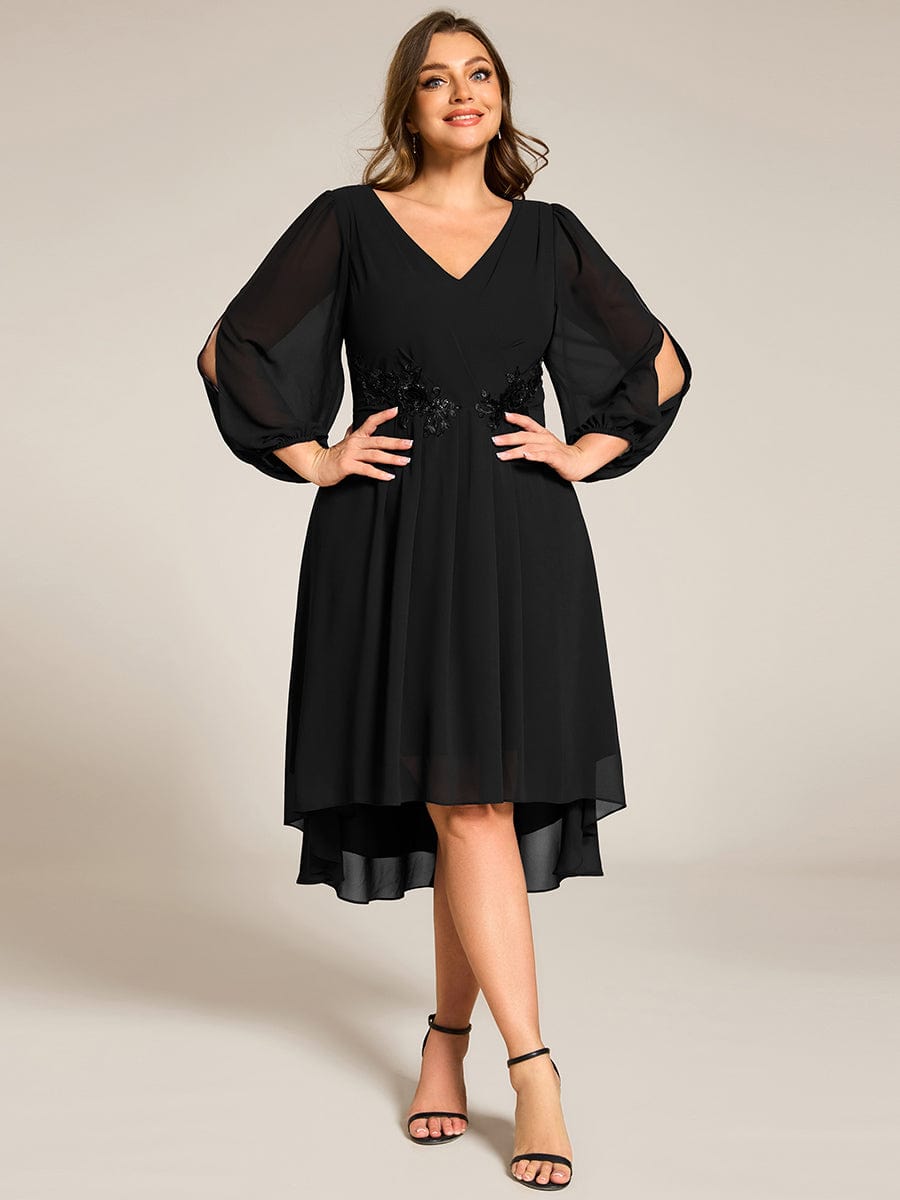 High-Low Chiffon Midi Wedding Guest Dress with Waist Applique and Long Sleeves #color_Black