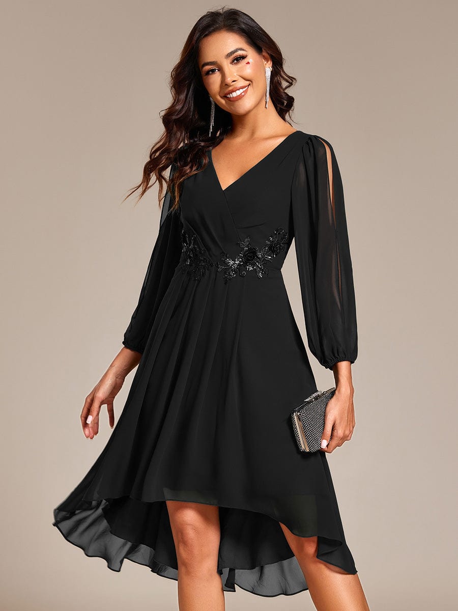 High-Low Chiffon Midi Wedding Guest Dress with Waist Applique and Long Sleeves #color_Black