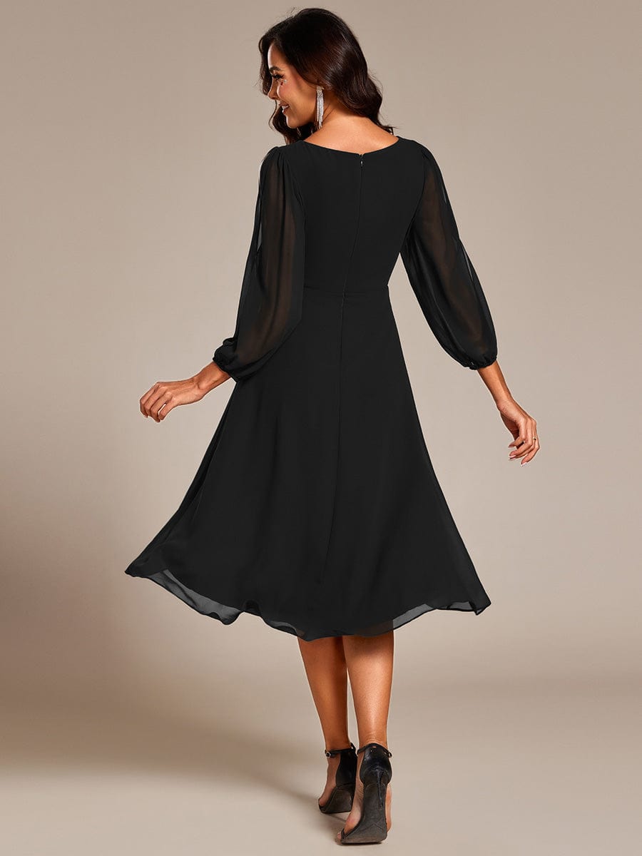 High-Low Chiffon Midi Wedding Guest Dress with Waist Applique and Long Sleeves #color_Black