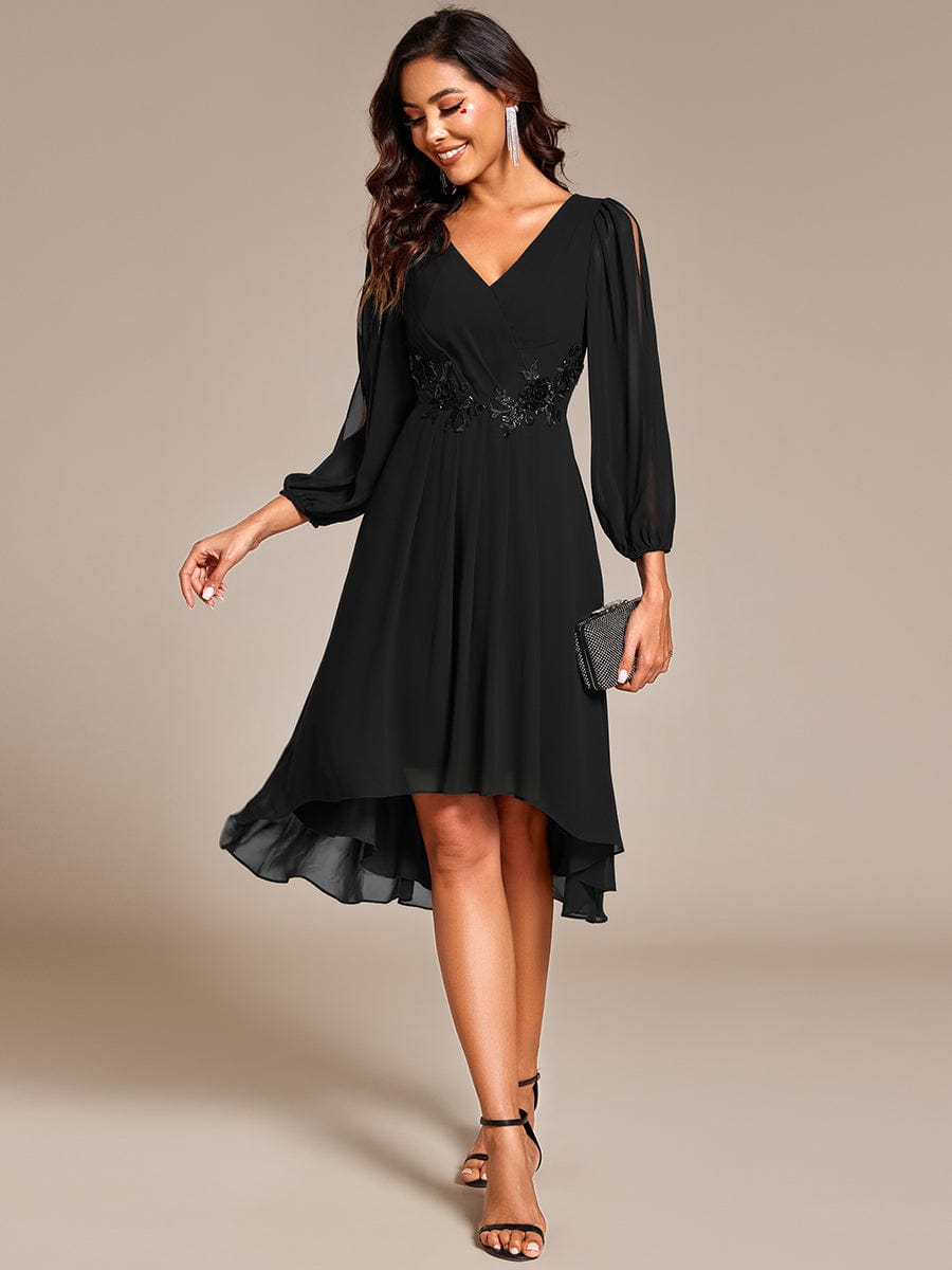 High-Low Chiffon Midi Wedding Guest Dress with Waist Applique and Long Sleeves #color_Black