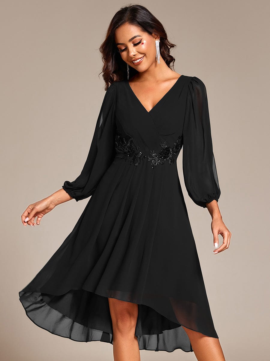 High-Low Chiffon Midi Wedding Guest Dress with Waist Applique and Long Sleeves #color_Black