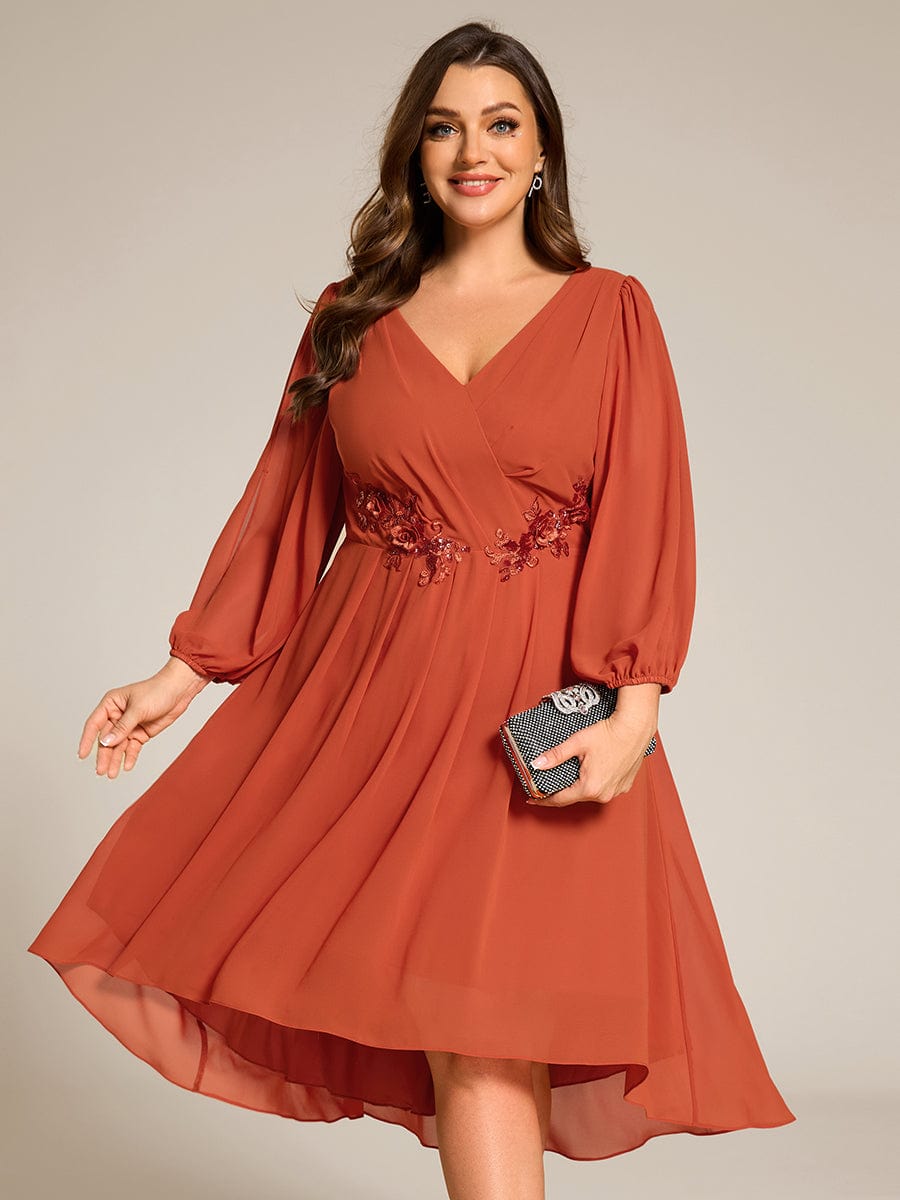 High-Low Chiffon Midi Wedding Guest Dress with Waist Applique and Long Sleeves #color_Burnt Orange