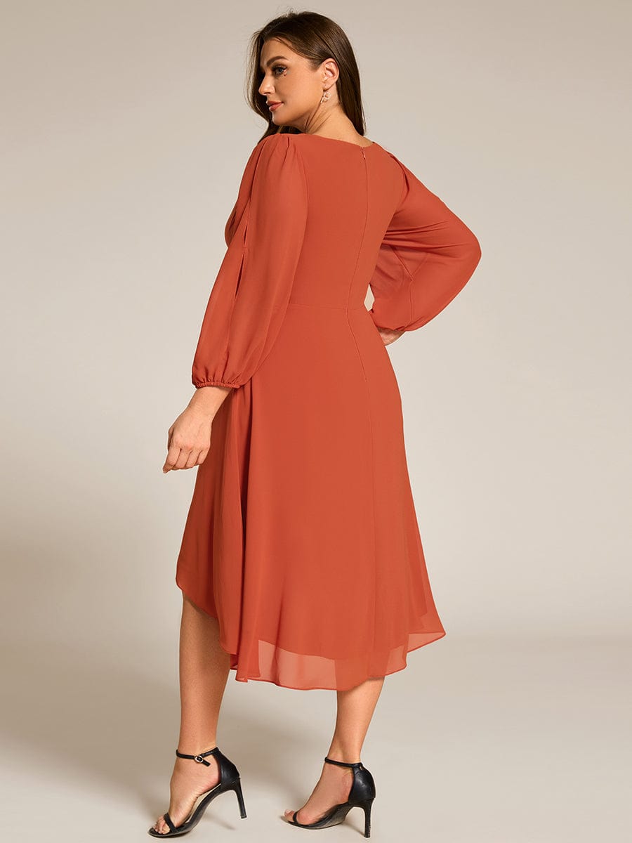 High-Low Chiffon Midi Wedding Guest Dress with Waist Applique and Long Sleeves #color_Burnt Orange