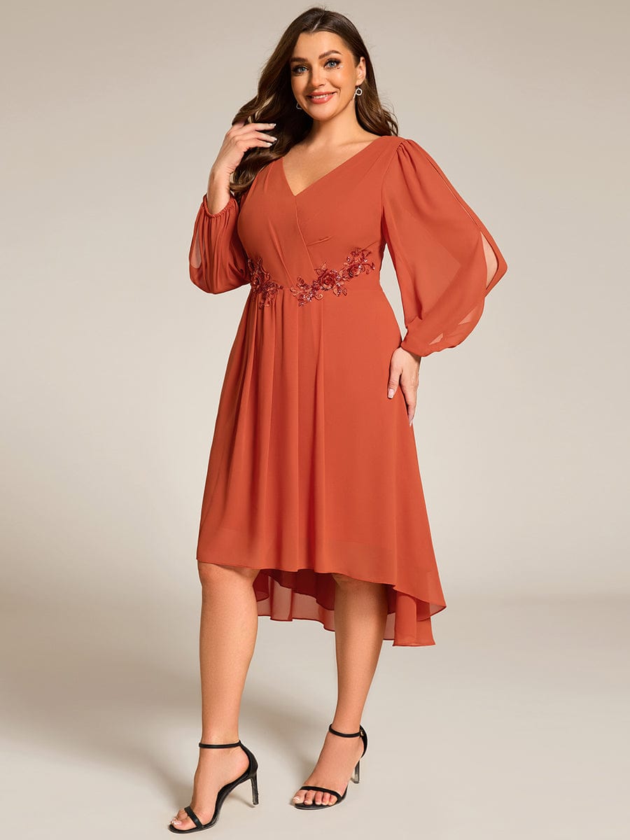 High-Low Chiffon Midi Wedding Guest Dress with Waist Applique and Long Sleeves #color_Burnt Orange