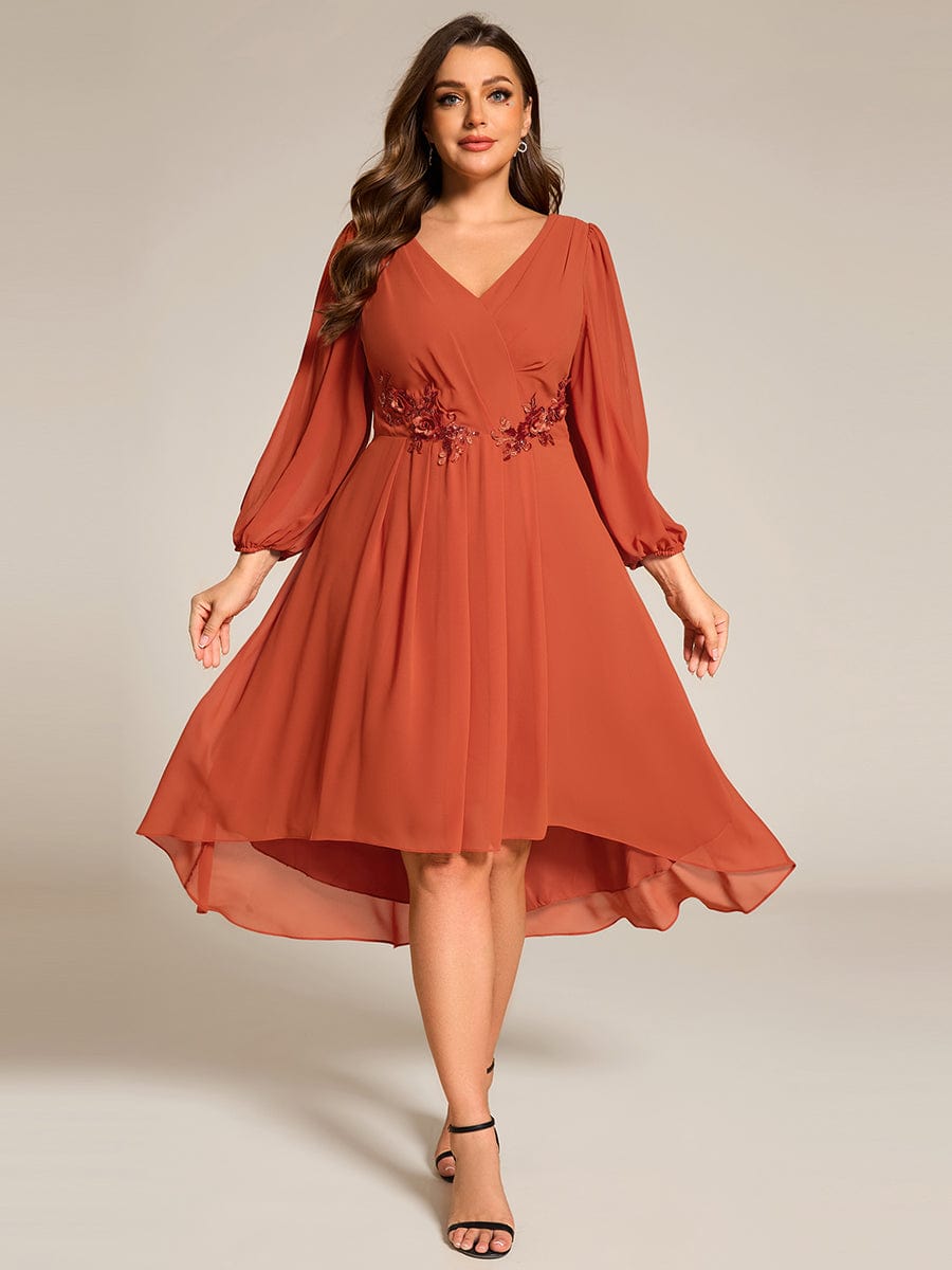 High-Low Chiffon Midi Wedding Guest Dress with Waist Applique and Long Sleeves #color_Burnt Orange