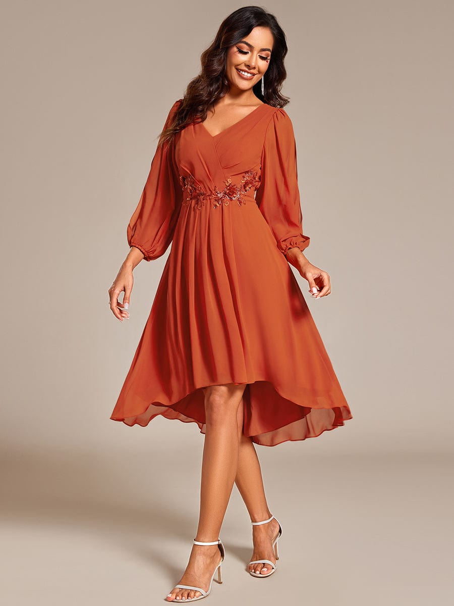 High-Low Chiffon Midi Wedding Guest Dress with Waist Applique and Long Sleeves #color_Burnt Orange