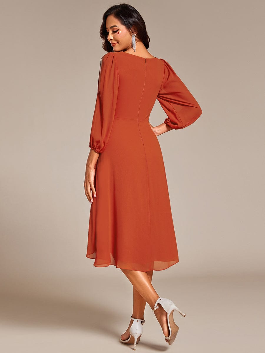 High-Low Chiffon Midi Wedding Guest Dress with Waist Applique and Long Sleeves #color_Burnt Orange