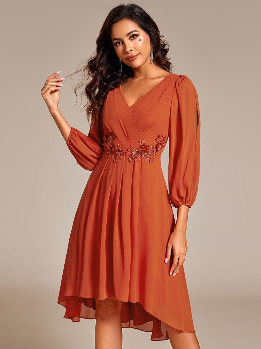 High-Low Chiffon Midi Wedding Guest Dress with Waist Applique and Long Sleeves #color_Burnt Orange