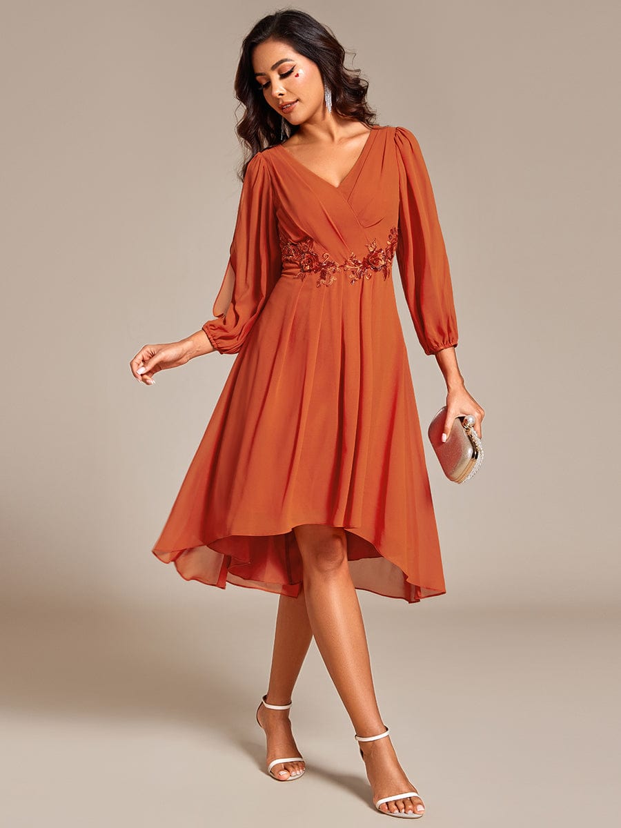 High-Low Chiffon Midi Wedding Guest Dress with Waist Applique and Long Sleeves #color_Burnt Orange