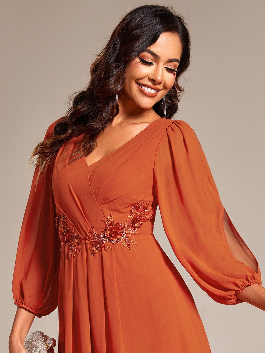 High-Low Chiffon Midi Wedding Guest Dress with Waist Applique and Long Sleeves #color_Burnt Orange