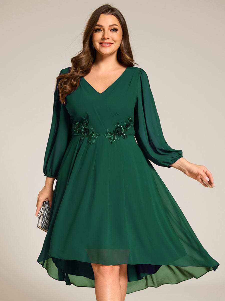 High-Low Chiffon Midi Wedding Guest Dress with Waist Applique and Long Sleeves #color_Dark Green