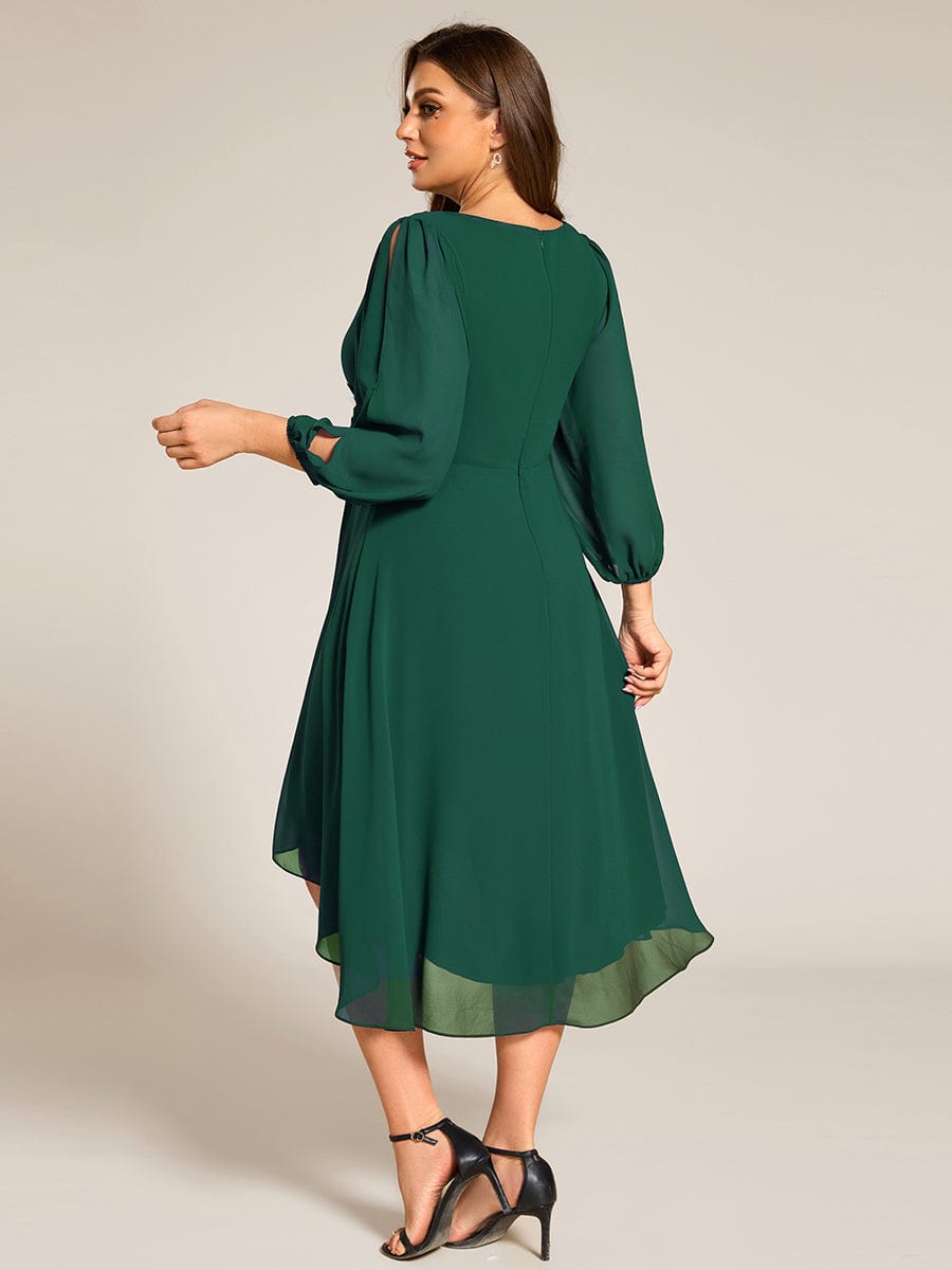 High-Low Chiffon Midi Wedding Guest Dress with Waist Applique and Long Sleeves #color_Dark Green