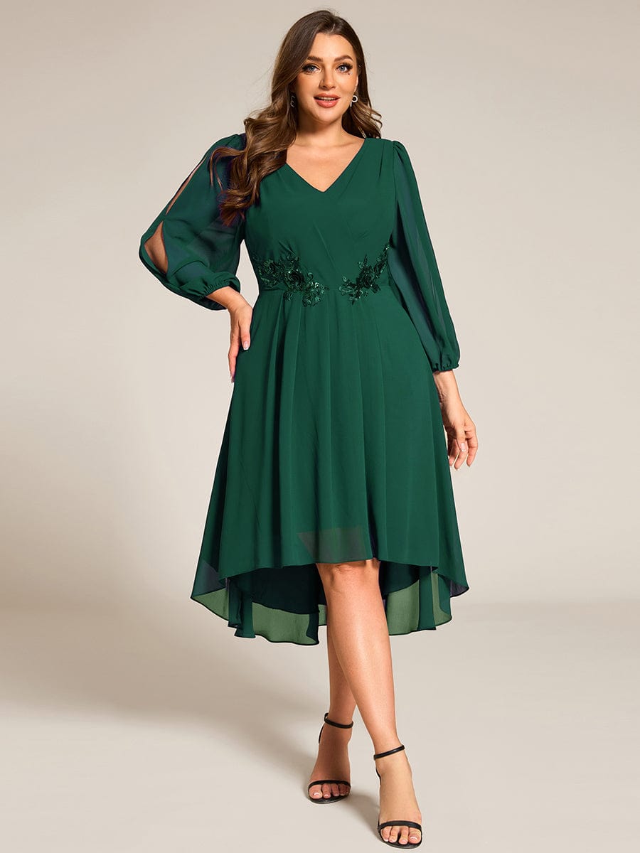 High-Low Chiffon Midi Wedding Guest Dress with Waist Applique and Long Sleeves #color_Dark Green