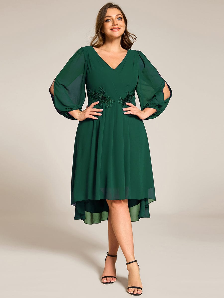 High-Low Chiffon Midi Wedding Guest Dress with Waist Applique and Long Sleeves #color_Dark Green