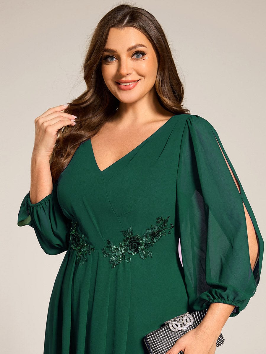 High-Low Chiffon Midi Wedding Guest Dress with Waist Applique and Long Sleeves #color_Dark Green