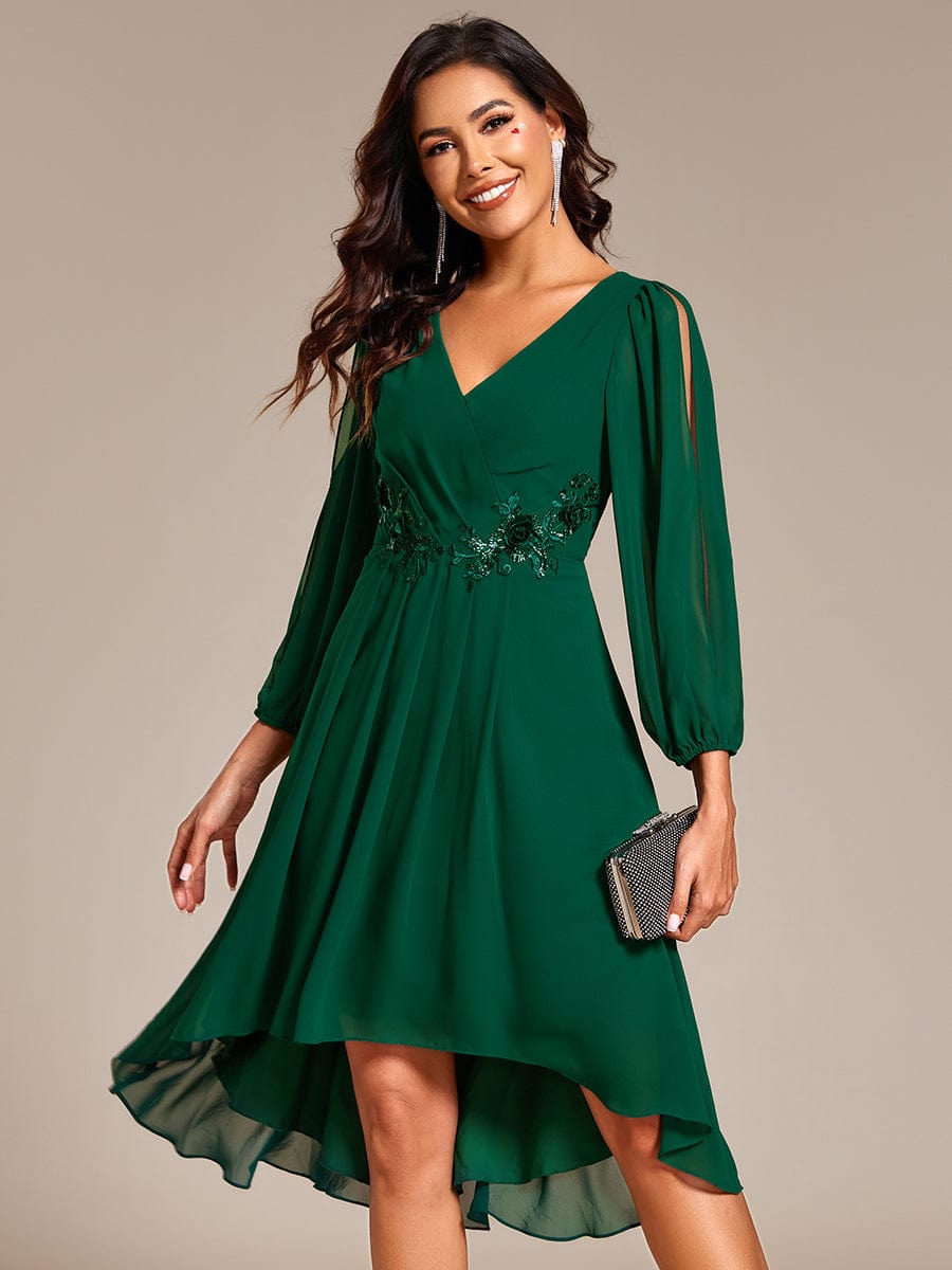 High-Low Chiffon Midi Wedding Guest Dress with Waist Applique and Long Sleeves #color_Dark Green