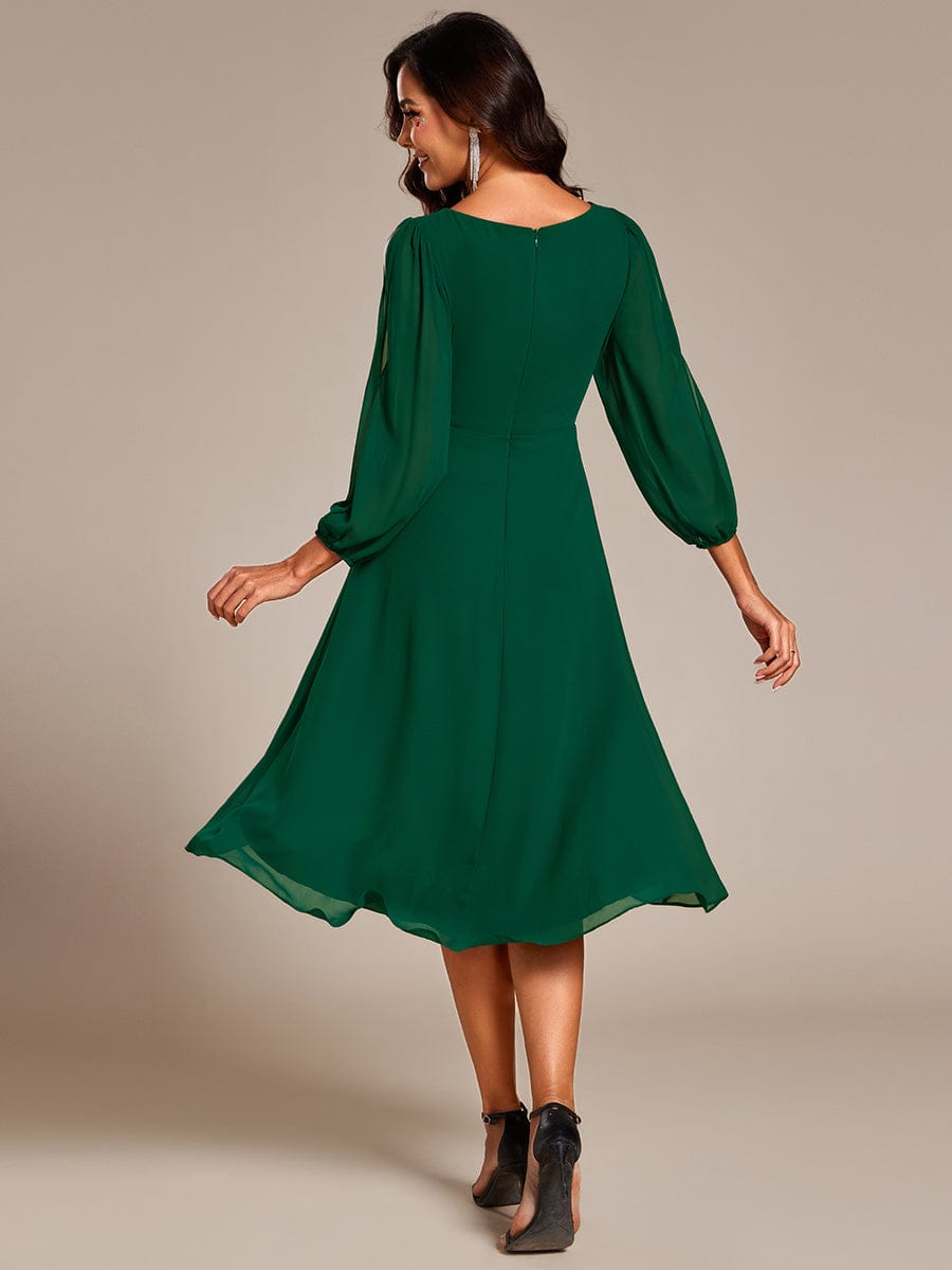 High-Low Chiffon Midi Wedding Guest Dress with Waist Applique and Long Sleeves #color_Dark Green